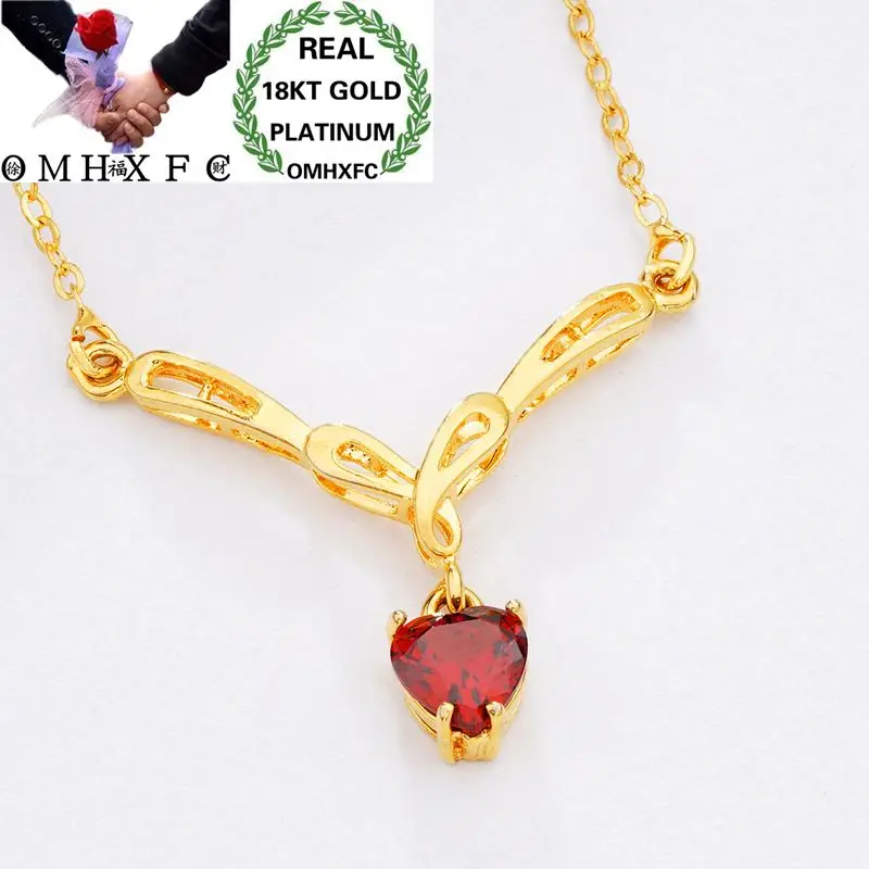 

MHXFC Wholesale European Fashion Woman Female Party Wedding Gift Pink Red Heart AAA Zircon Real 18KT Gold Pendant Necklace NL151