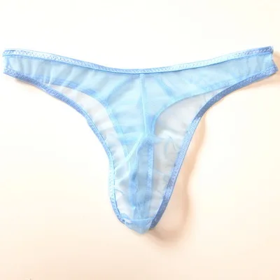 Небесно-голубой Mens Sexy Transparent Bikini Thongs Swim G-strings Bottoms Low Waist Male Breathable Mesh Panties Tanga T Back Beachwear Sunbath - Цвет: Небесно-голубой