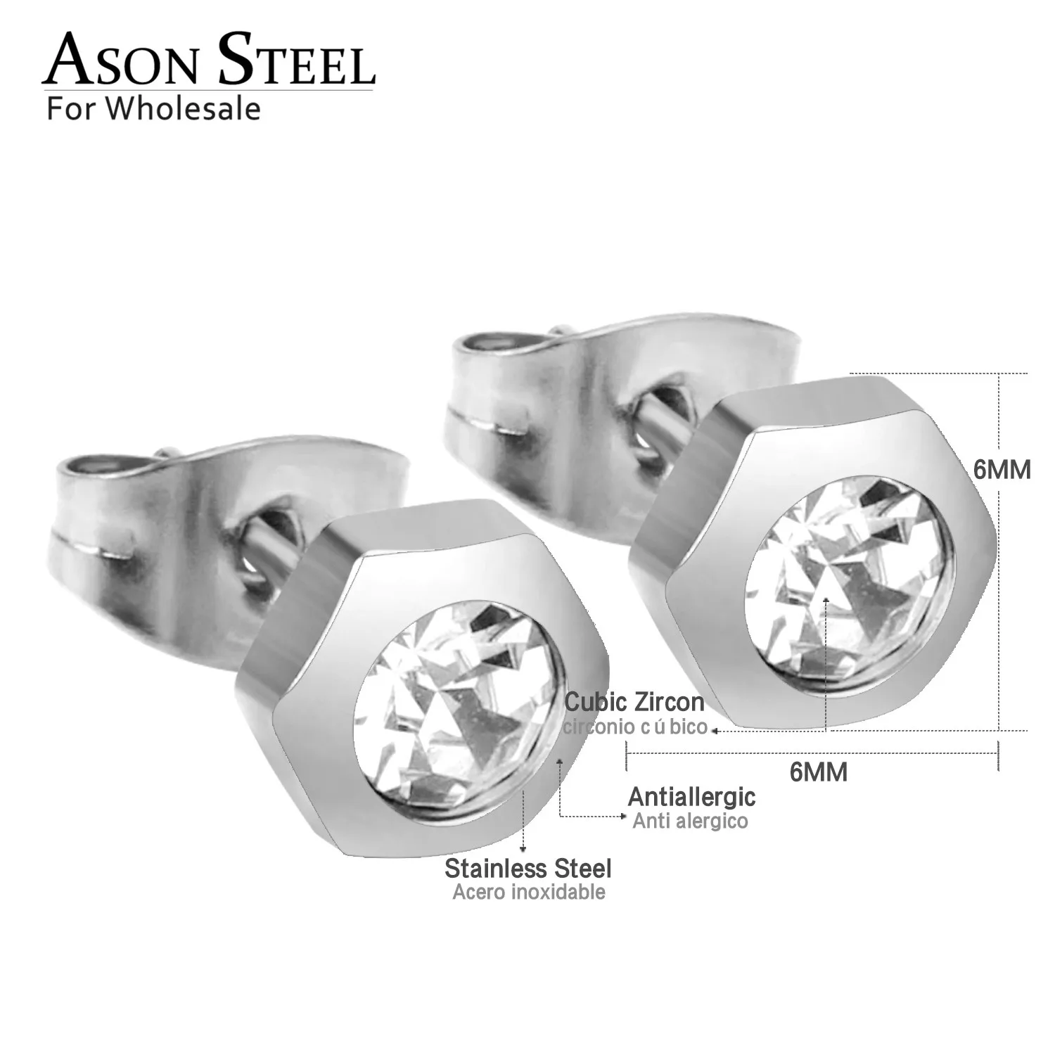 Серьги гвоздики из нержавеющей стали ASONSTEEL Top 316L многоугольные круглые