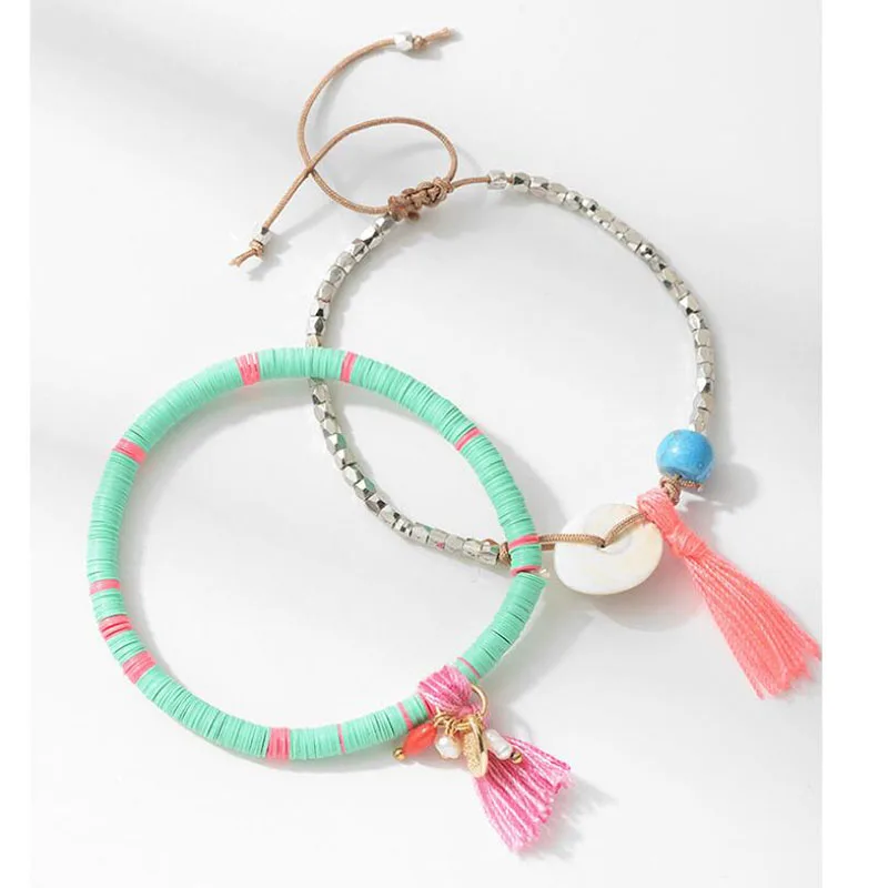 Amaiyllis 2 Pieces/Set Tassel Beads Round Coin Disc Charms Bracelet Bangle For Women Gift Bohemia Strand | Украшения и аксессуары