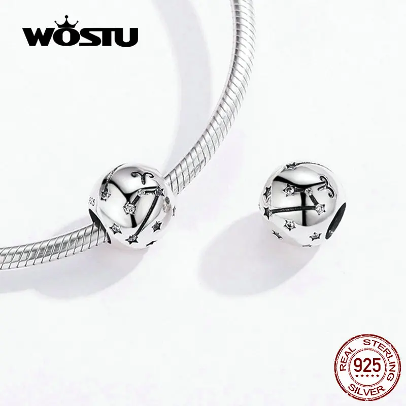 WOSTU Овен, Телец бусины с созвездием 925 пробы Серебро CZ Шарм подходят DIY браслет бусины для изготовления ювелирных изделий CQC1218-1