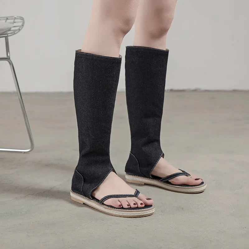 Повседневные летние джинсовые сапоги YMECHIC до колена женские синие черные с