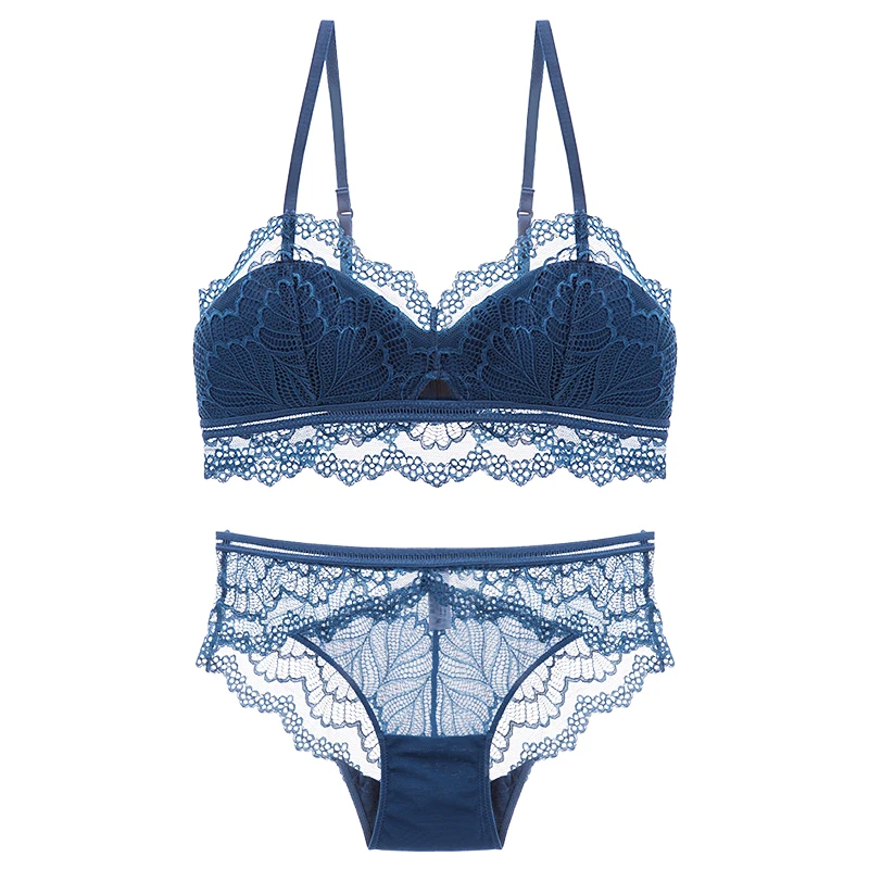Sexy lace thin cotton cup bra without rims beauty back gathered underwear panties suit |