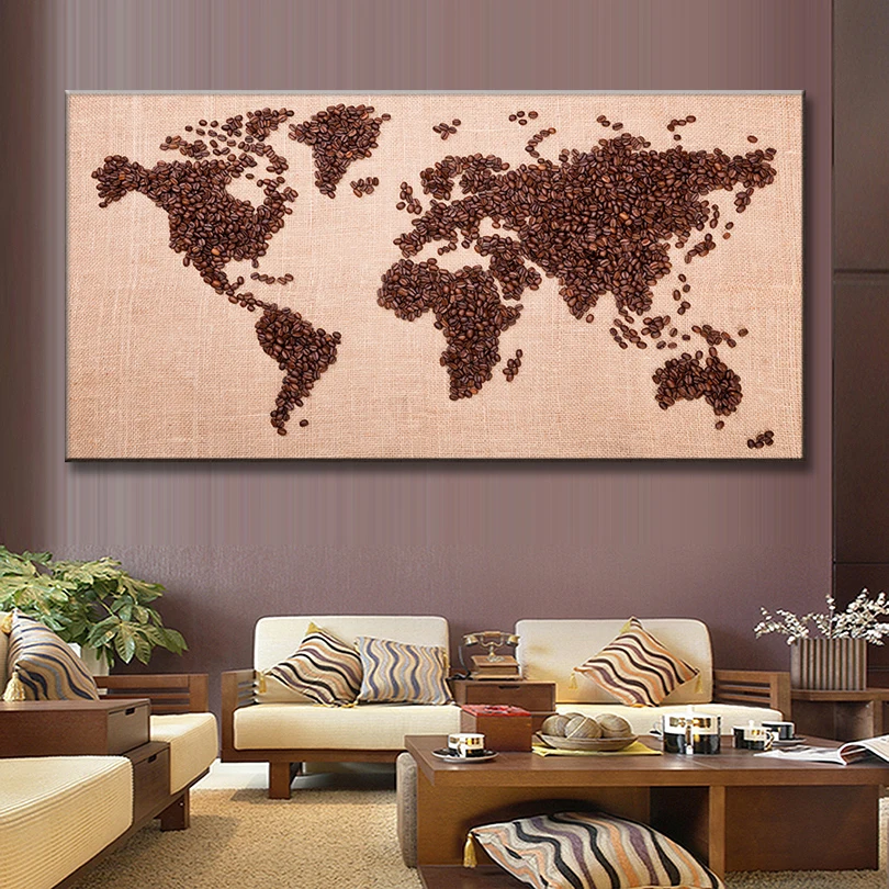 1 шт./компл. огромная картина Карта мира холст печать коричневый кофе бобы