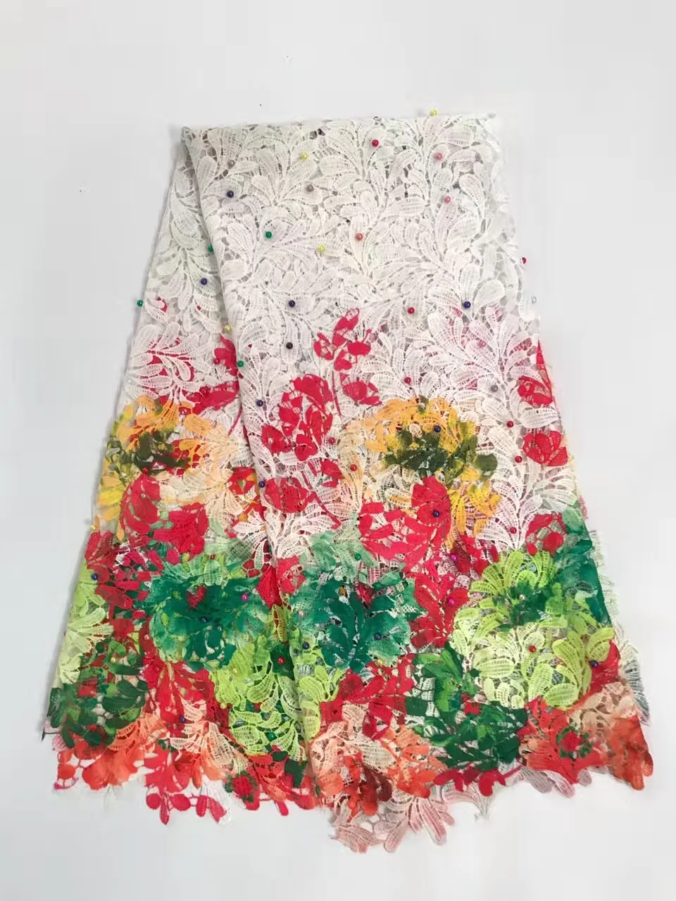 

2017 Latest design african guipure lace fabric with colorful beads high quality nigerian cord lace fabric for wedding K-R1662
