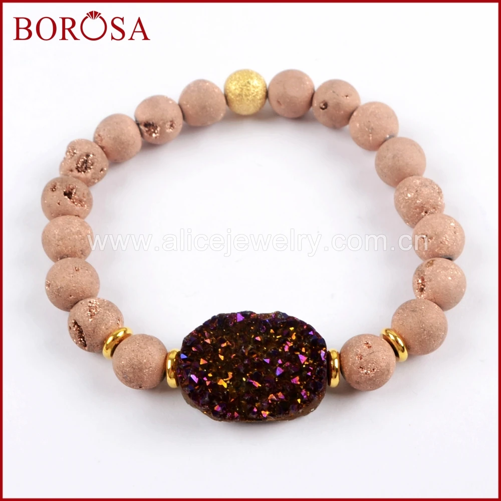 

BOROSA 5/6PCS 2019 New Arrival Titanium Rainbow Drusy With 8mm Druzy Beads Bracelet Gems Bangle Jewelry For Women G1561