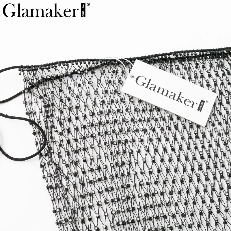 Glamaker Черная открытая Мини-Юбка Для Женщин стразы вечерние юбка-карандаш сетчатая Прозрачная Клубная короткая юбка шорты