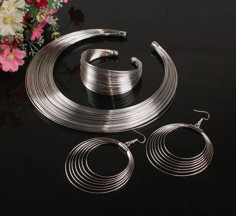 Панк Стиль Полые косы золото/серебро Цвет многослойное Широкое Ожерелье Серьги