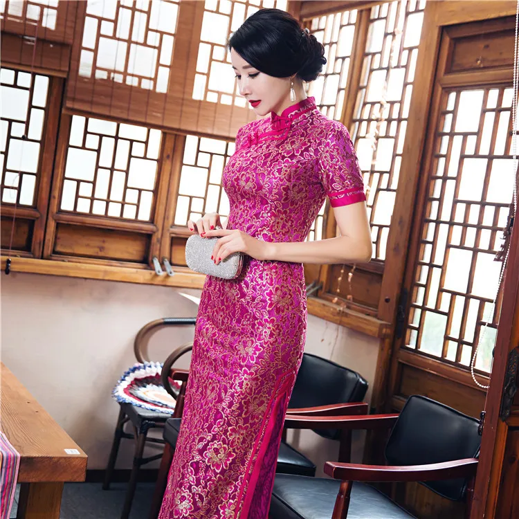 Новое поступление, ярко-розового цвета Для женщин кружева с длинным Cheongsam моды китайский Стиль элегантное платье Qipao Vestido Размеры S M L XL XXL XXXL 23621C