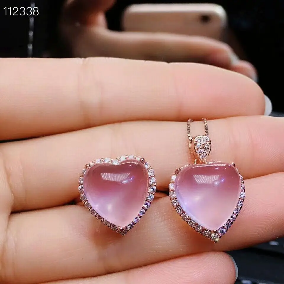 Rose gold set MeiBaPJ натуральный розовый кварц драгоценный камень Прекрасный Любовь Сердце Ювелирный Набор 925 Чистое серебро ожерелье и кольцо костюм для женщин - Цвет камня: Rose gold set