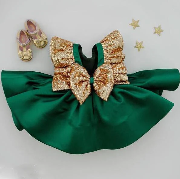 Dark Green Flower Girls Dresses With Bow Knot gold Sequins Backless Satin Pageant Gowns Knee Length Sleeveless prom dress | Детская