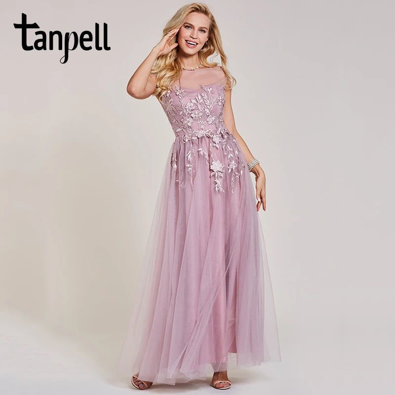 Женское длинное бальное платье Tanpell розовое трапеция до пола с вырезом лодочкой и
