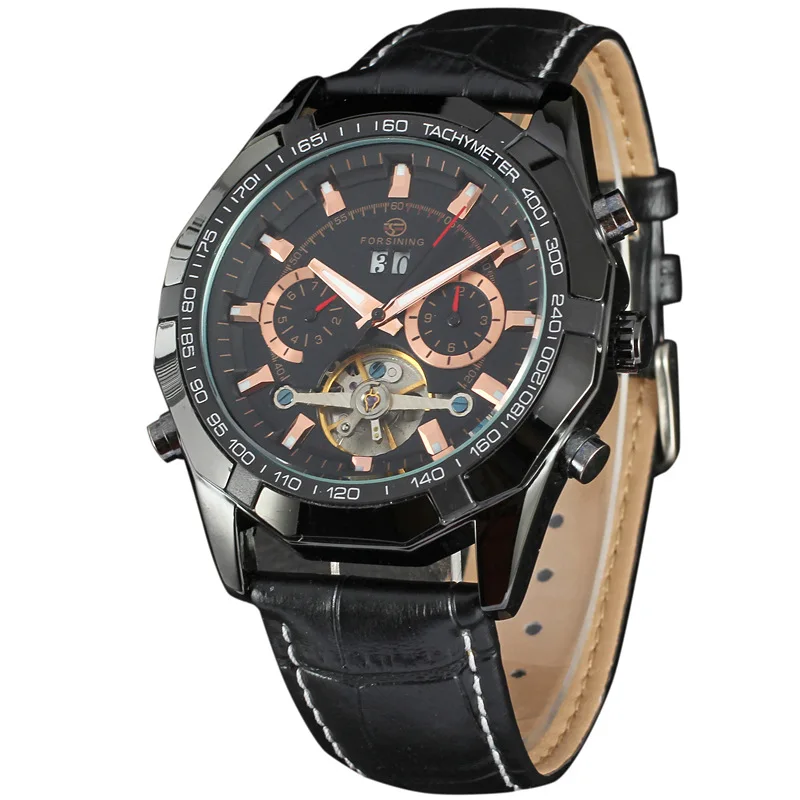 50 шт./лот 2016 FORSINING Мужчины Гент Черный Tourbillon Дата Винтаж Механические Часы DHL