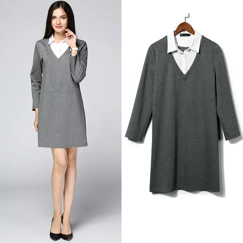 2016 Новая Осенняя женская блузка большого размера модное платье-рубашка из двух