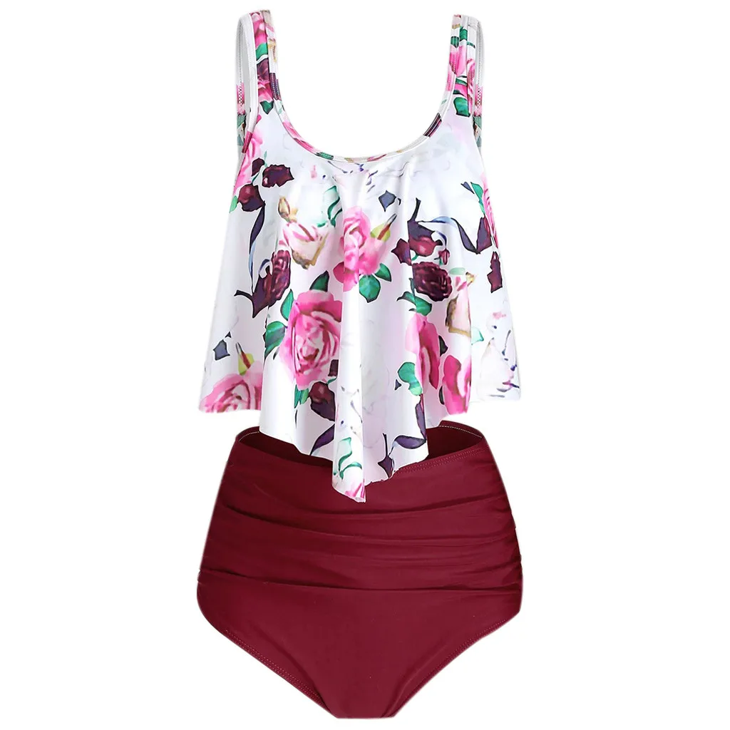 Женский купальник на бретельках с высокой талией однотонная красная майка