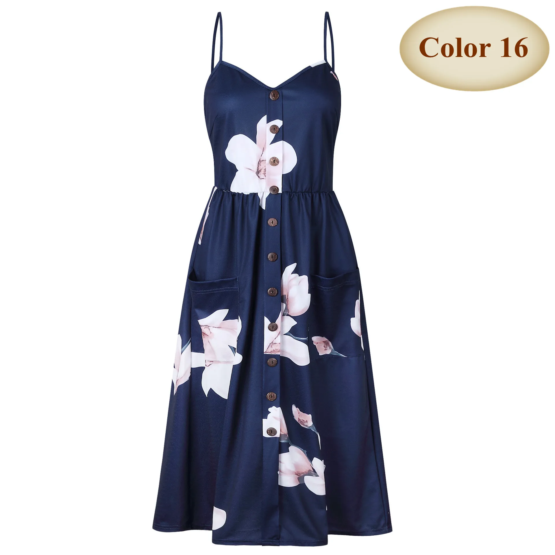 Color 16 New Boho Off-shoulder Party Beach Sundress Spaghetti Long Dresses Plus Size Summer Women Button Decorated Print Dress CRRIFLZ - Цвет: Color 16