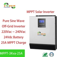 solar inverter 3kva mppt 2400w off grid inverter pure sine wave inverter build in 25a mppt controller ac charger 24vdc battery