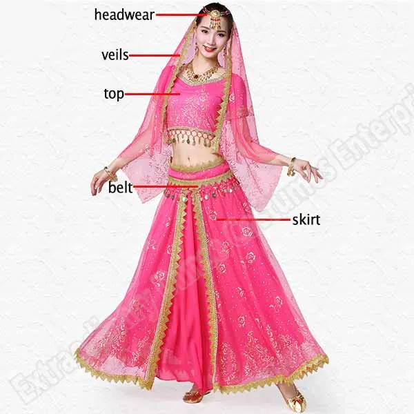 Fuchsia-5pcs Женский индийский набор костюма для танца живота танец сари наряд Болливуд сценическое представление шифон Топ пояс юбка для танца живота - Цвет: Fuchsia-5pcs