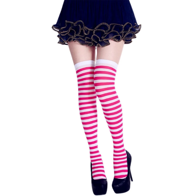 1 Pair Womens Long Striped Socks Contrast Color Thigh High Stockings Cosplay Halloween Socks Women Personality Long Socks