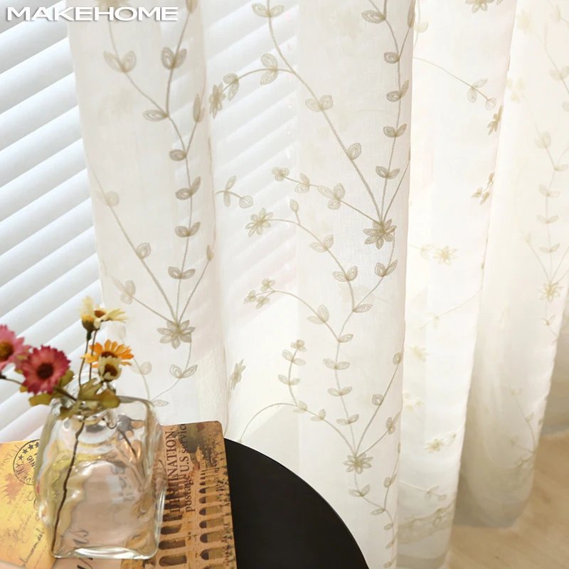 

Embroidered Flower Leaves Tulle Curtains For Living Room White Blue Sheer Voile Curtains For Bedroom Finished Curtain Drapes