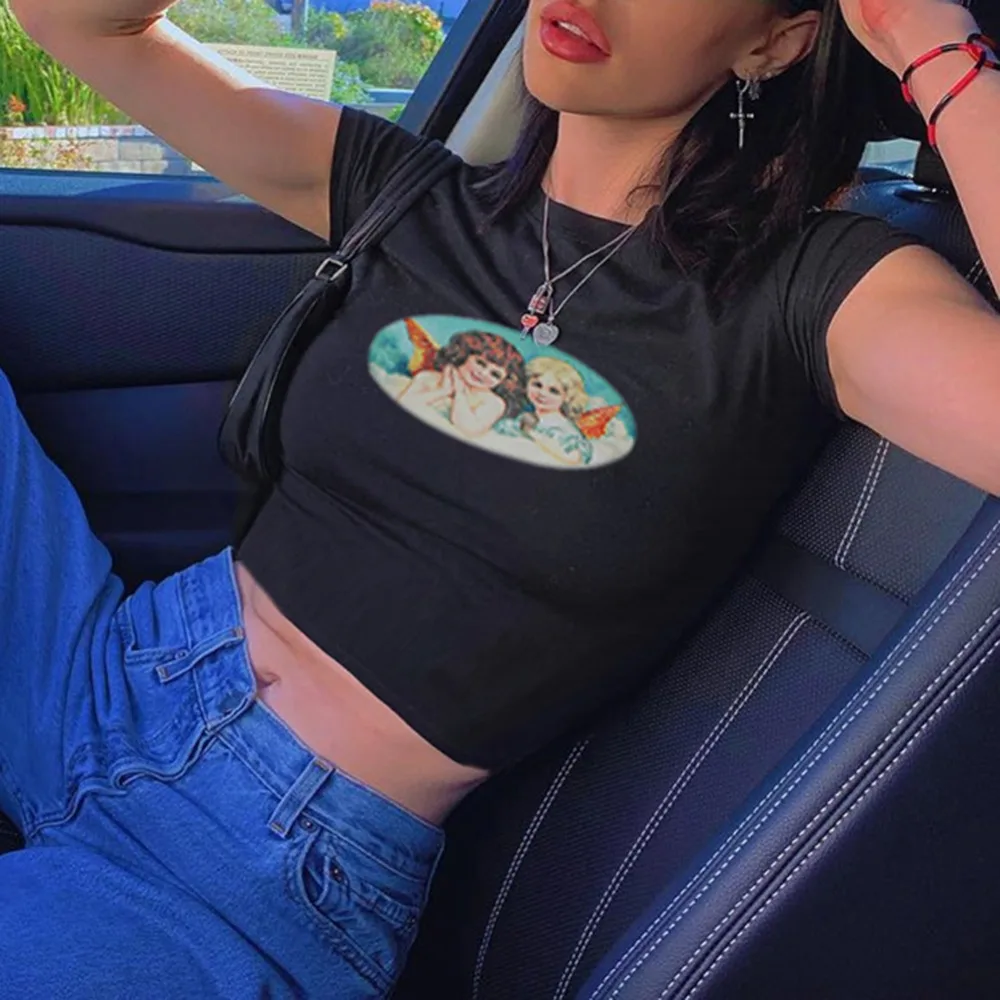 Женский сексуальный кроп-топ See 2019 Новое поступление короткий рукав принт