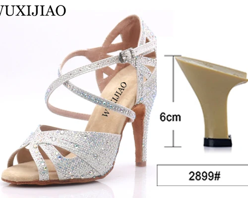 white heel 6mm WUXIJIAO/Популярные черно-белые женские туфли для латинских танцев из блестящей ткани; туфли для бальных танцев; вечерние туфли для танцев на квадратном каблуке 7,5 см - Цвет: white heel 6mm