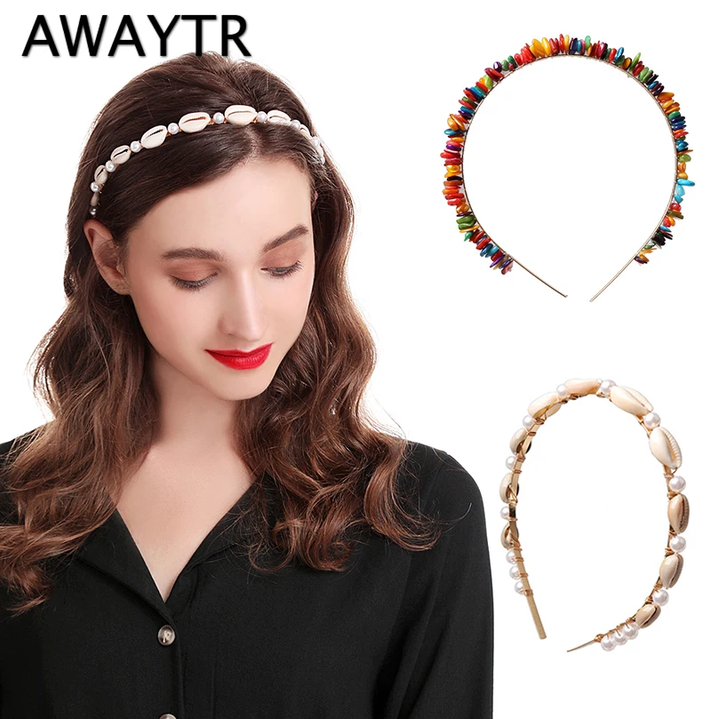 AWAYTR, карамельный цвет, Пляжная Жемчужная Повязка на голову, маленький камень, обруч для волос, корейская мода, Ins, милая повязка на голову, аксессуары для волос для девочек