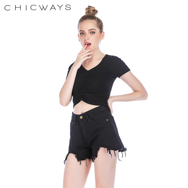 Chicways Женская мода футболка Sexy v-образным вырезом Ruched летняя с коротким рукавом