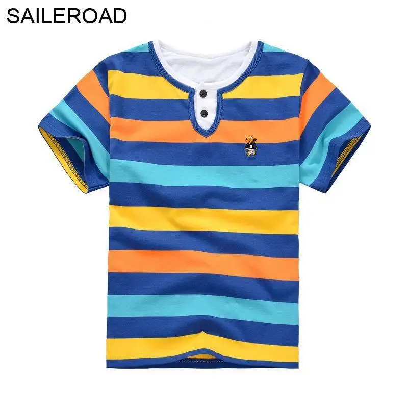 dark blue yellow SAILEROAD/ хлопковая футболка для мальчиков и девочек-подростков Новые повседневные топы в полоску для мальчиков-подростков от 8 до 15 лет - Цвет: dark blue yellow