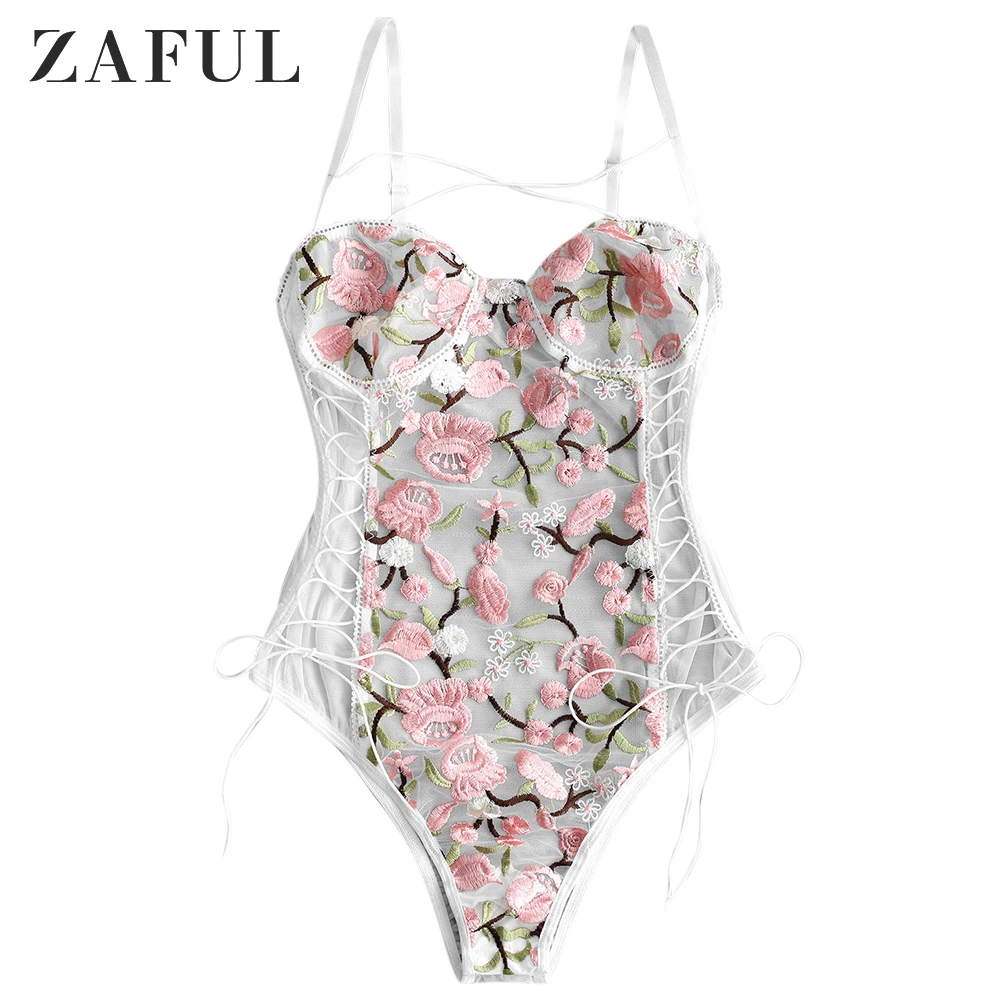 ZAFUL сексуальные женские боди с цветочной вышивкой на шнуровке комбинезон