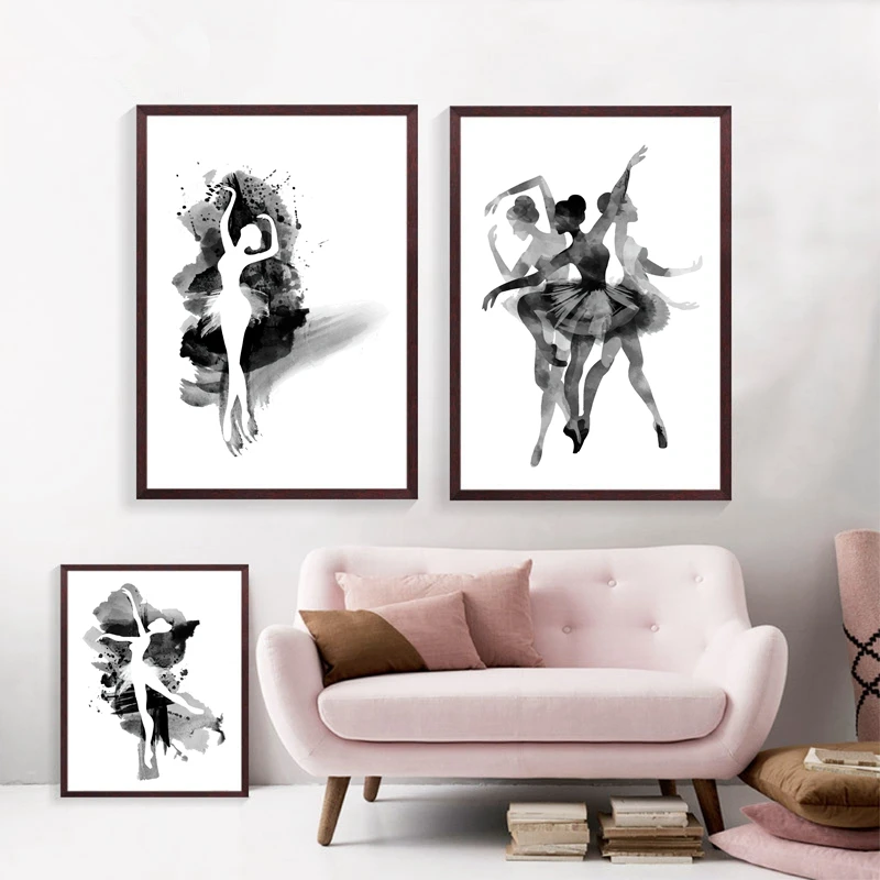 Акварельные балерина в танце холст стены искусства печати плакат черно белый
