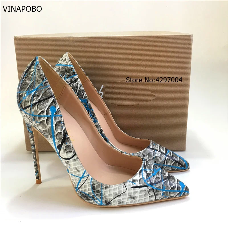 Vinapobo Top Quality python Snake Printing Women High Heels 2018 NEW Fashion Party Wedding Blue Sexy patry Shoes Size 43 | Обувь