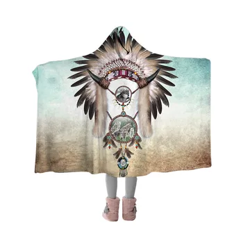 BlessLiving Wolf Dreamcatcher Hooded Blanket Tribal Feather Sherpa Fleece Throw Blanket Gray Teal Wearable Blanket 5