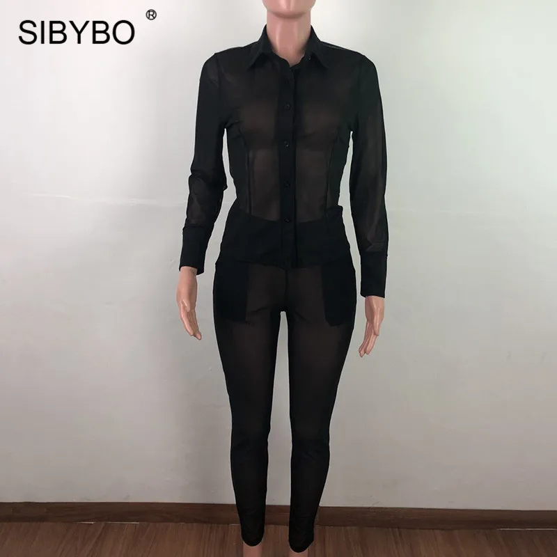 Sibybo сетчатый прозрачный сексуальный комплект из двух предметов, Женский комплект с длинным рукавом и пуговицами, летняя женская рубашка и штаны, комплект для ночного клуба, пляжный Женский комплект