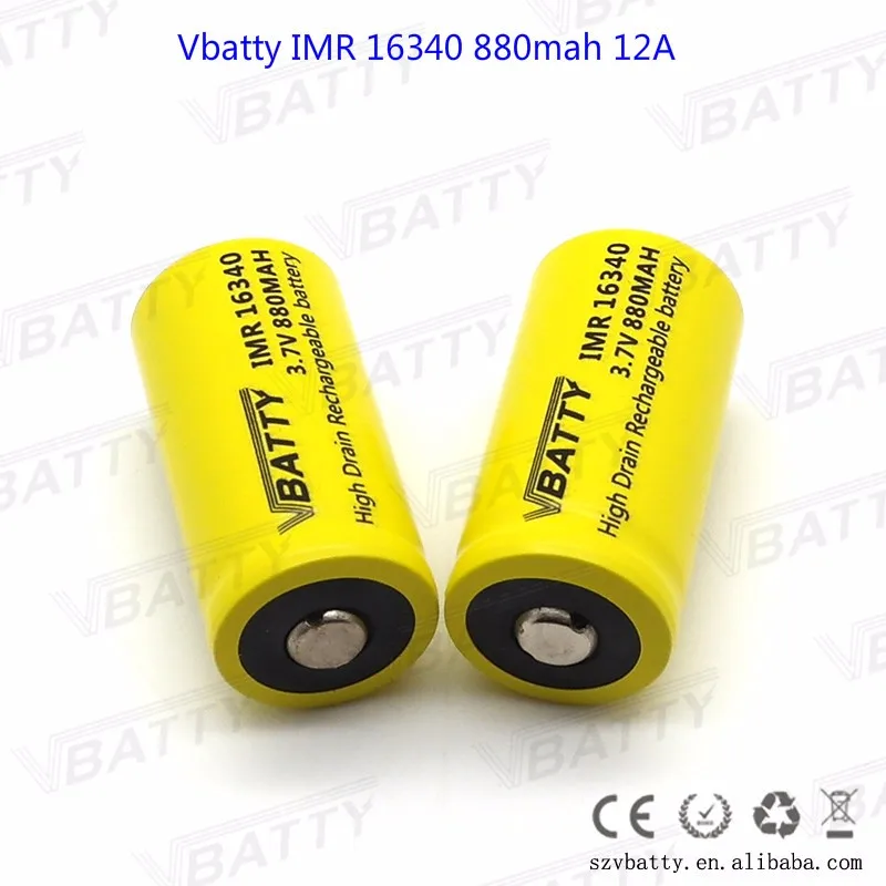 Vbatty IMR 16340 880mah 12A 3,7 V перезаряжаемая литий-ионная батарея высокого стока с верхней кнопкой(1 шт