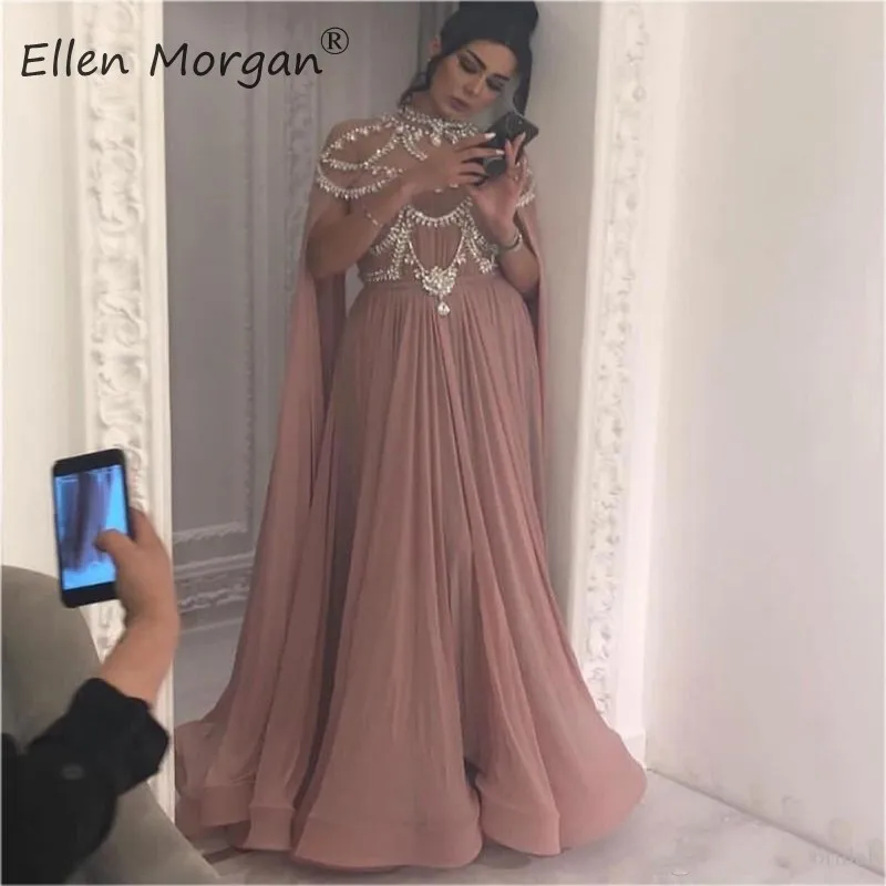 Элегантная Арабская Высокая шея вечерние платья 2019 длина до пола кристальная