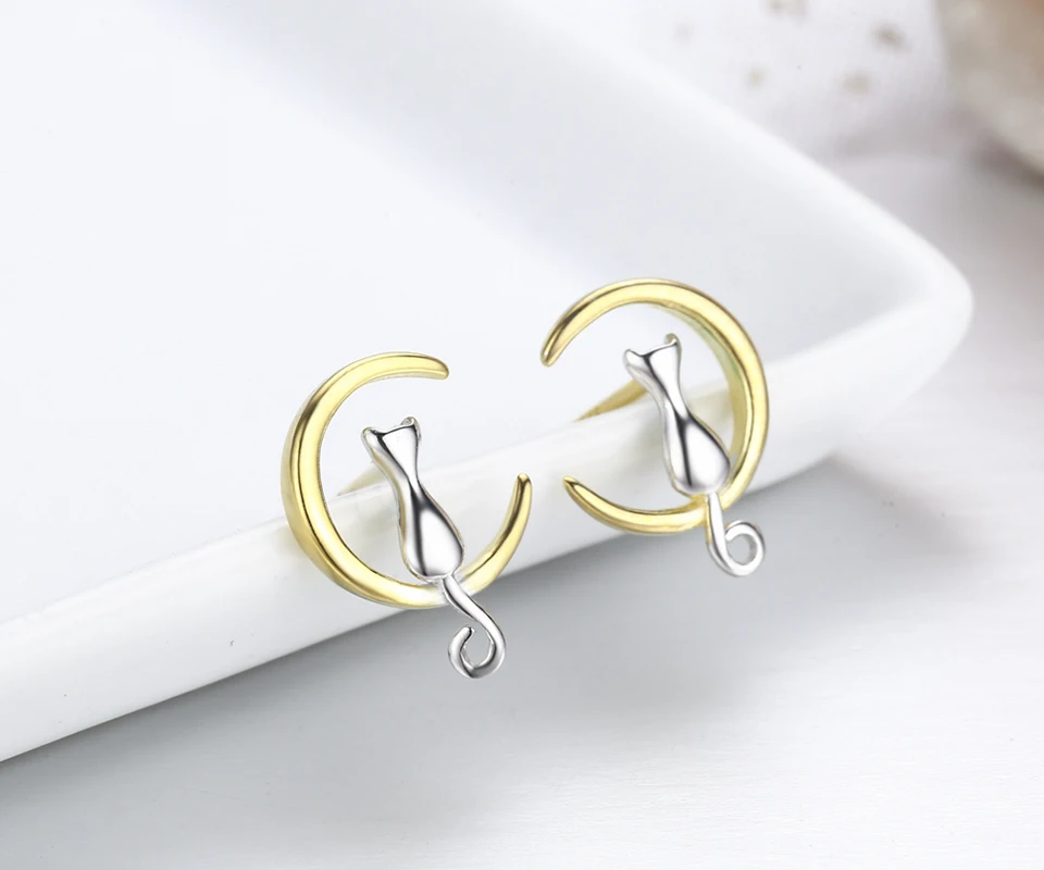 Серьги-пусеты с желтой Луной и кошечкой из стерлингового серебра 925 пробы женские