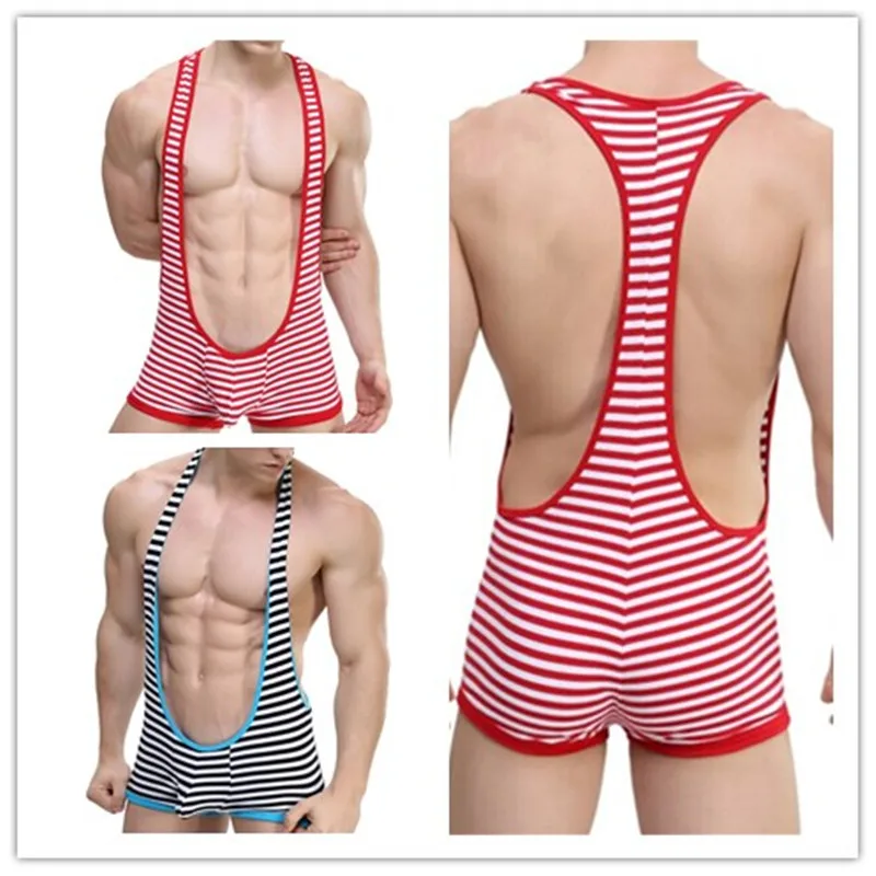

100% Cotton Men's Underwear Spandex Strip Mankini Suspender,Men's Wrestling Singlet Bodysuit,Red/Blue,S/M/L/XL