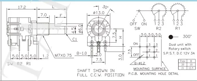 Панель PCB Mount Dual Step B 50K переключатель вала вращающийся потенциометр P009|potentiometer rotary