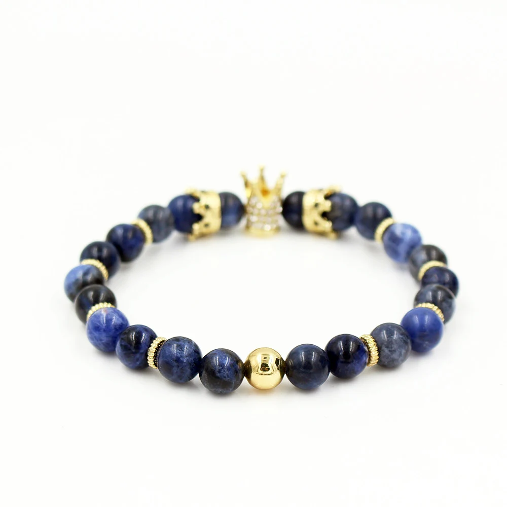 Natural Blue-Vien Stone Beads Bracelet Men's Micro Pave CZ King Rown Charm Mala Bead Rock Bracelets For Women Pulseira Masculina |