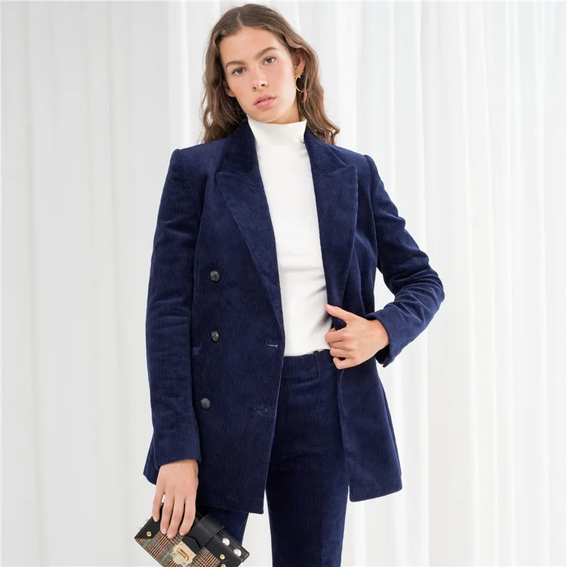 Navy Blazer Bella philosophy осенний женский вельветовый Блейзер толстый ретро двубортный Блейзер офисные пальто костюмы женская верхняя одежда - Цвет: Navy Blazer