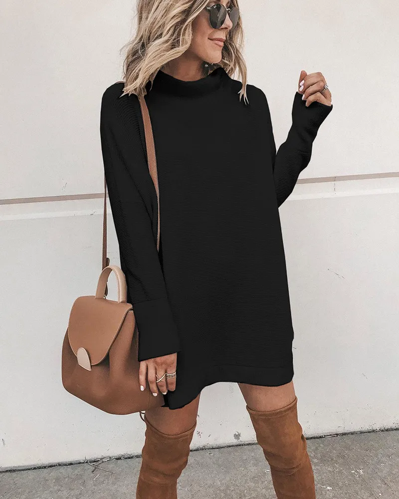 100261 Black Новое поступление, женское однотонное модное простое платье с длинным рукавом и круглым вырезом, повседневное свободное прямое платье, женское базовое приталенное платье - Цвет: 100261 Black