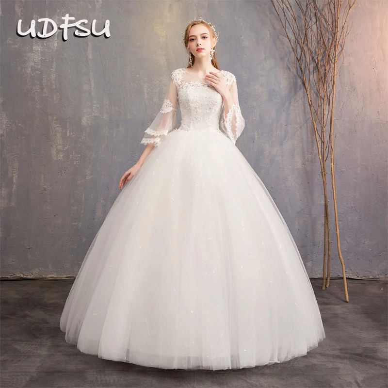 

New Women Elegant Wedding Dress Retro Flared Sleeve Bridal Dress Slim Fit Lace Wedding Gown Tulle Bridal Dress By UDFSU