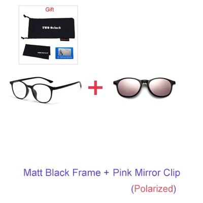 TWO Oclock Magnet Sunglass Women Men Polarized Lens Optical Spectacle Frame Clip On Glasses Men Round TR90 3D Night Vision A2245 - Цвет линз: 1 Frame 1 Pink Clip