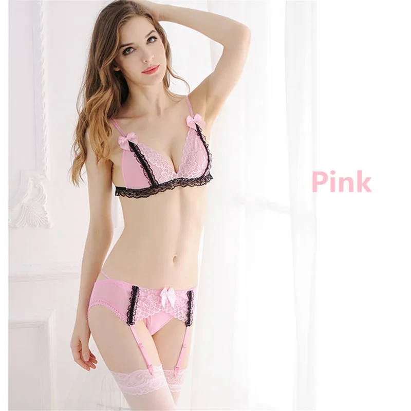Pink Сексуальное ГОРЯЧЕЕ нижнее белье, сексуальный кружевной бюстгальтер, чашечки расположены рядом, В набор входят 4 составляющих элемента шт./компл. сексуальный прозрачный бюстгальтер+ пояс+ стринги+ сексуальные силиконовые Чулки Для женщин нижнее белье - Цвет: Pink