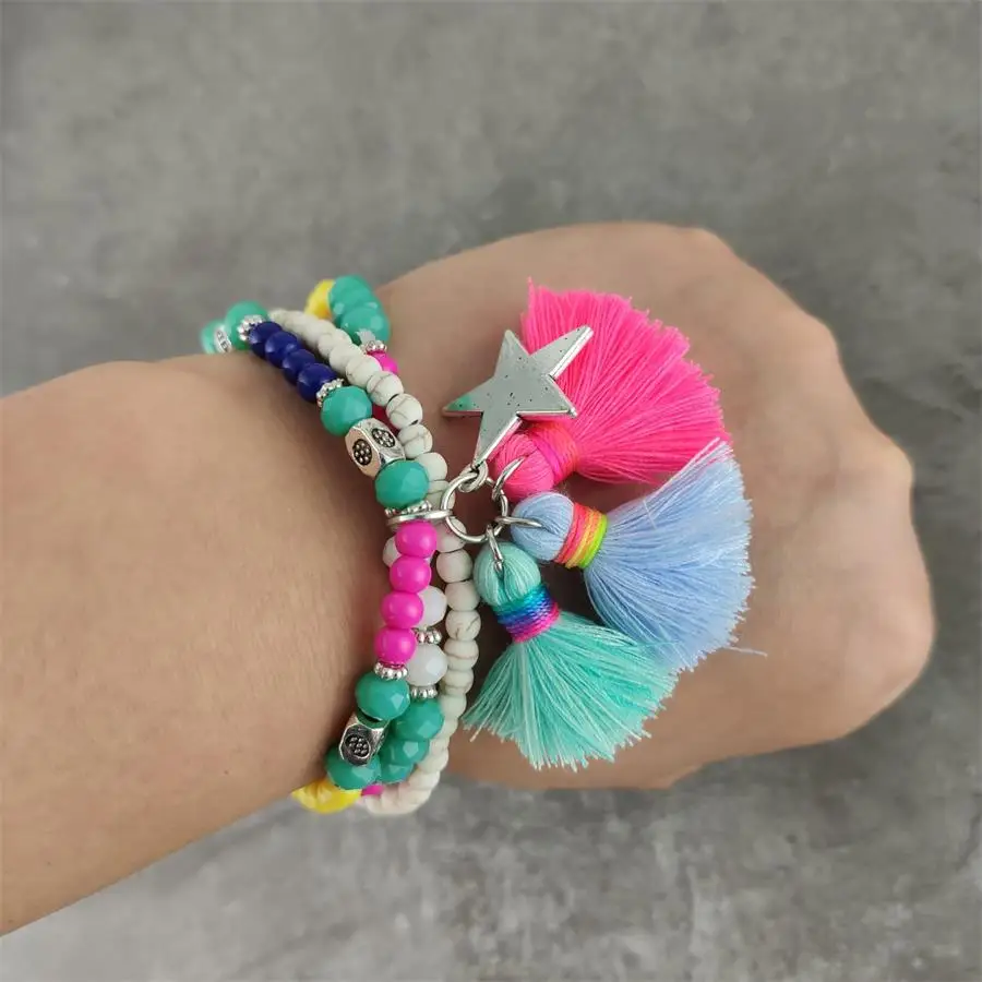 Bohemian Style Charm Beads Bracelets For Women Ethnic Boho Tassel Multilayer Colorful Bead Metal Star Bracelet Wristband Jewelry | Украшения