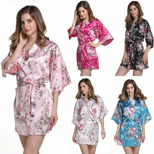 

US Stock Cherry Blossoms Kimono Robe Wedding Women Satin Silk Sleepwear New