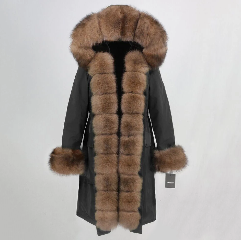 black brown Женское пальто на меху с капюшоном OFTBUY, черная непромокаемая парка со съемным натуральным лисьим мехом на капюшоне, зима - Цвет: black brown