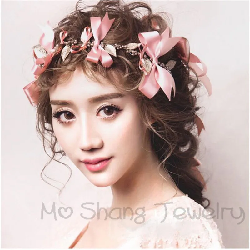 Женский обруч для волос с искусственным жемчугом розовым бантом свадебный