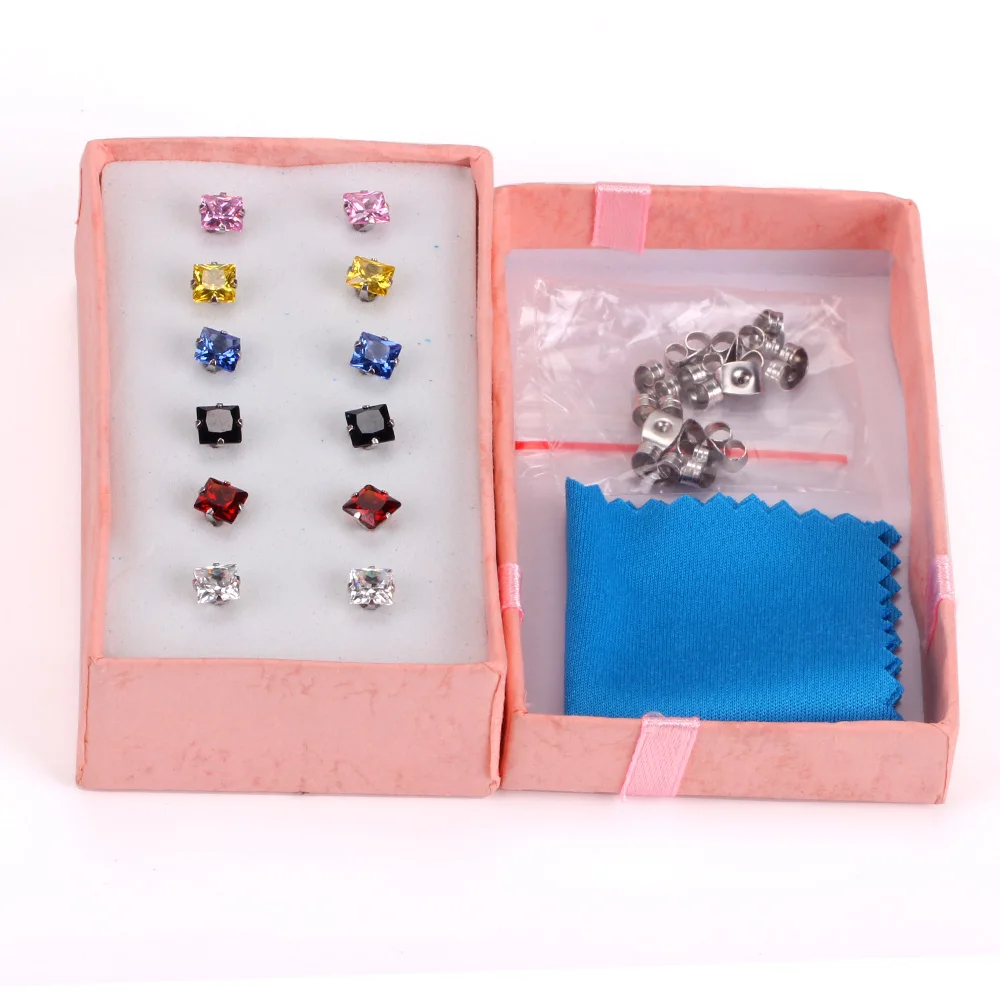 Серьги-гвоздики LUXUKISSKIDS 6 пар/кор. CZ из нержавеющей стали квадратный Пирсинг 3/5/7 мм